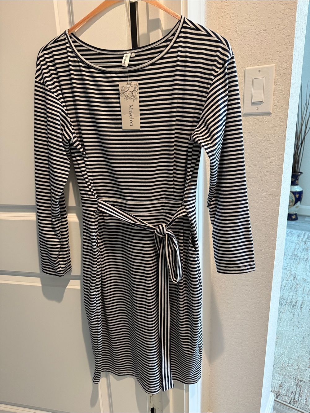 Madison Black and White Striped Tie-Waist Long Sleeve Dress